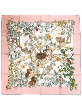Hermes Carre 90 Au Cœur Des Bois in the Depths of the Forest Silk Pink Scarf